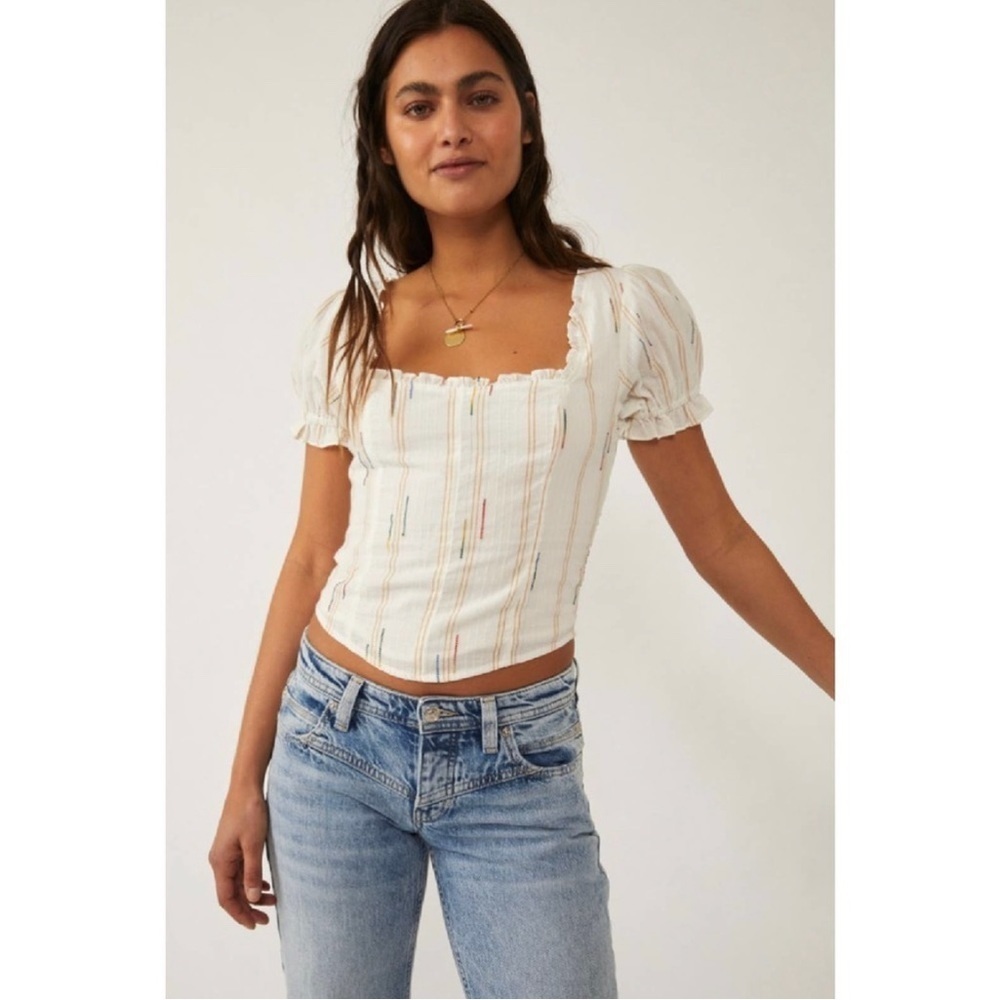 Free People Ivory Crop Puff Sleeve Top Rainbow